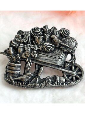 Pewter Birds & Blooms Floral Wheel Barrow 2001 Vintage Costume Jewelry Brooch